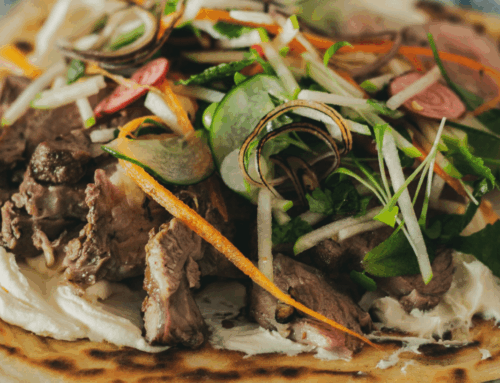 Marinated Spring Lamb Flatbreads with Labneh & Pickled Cucumber Salad